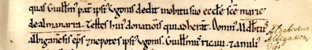Les deux lignes du cartulaire de Lérins où se lit ecclesie sancte Marie de Almanarra