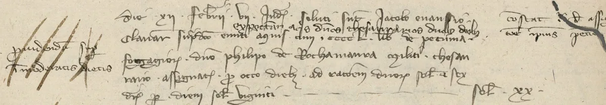 Un article de cinq lignes en cursive brune, avec une ligne plus petite ajoutée au-dessus de la deuxième. Dans la marge de gauche, une note de deux lignes barrée de grands traits obliques, et à droite la somme et une autre note de contrôle.