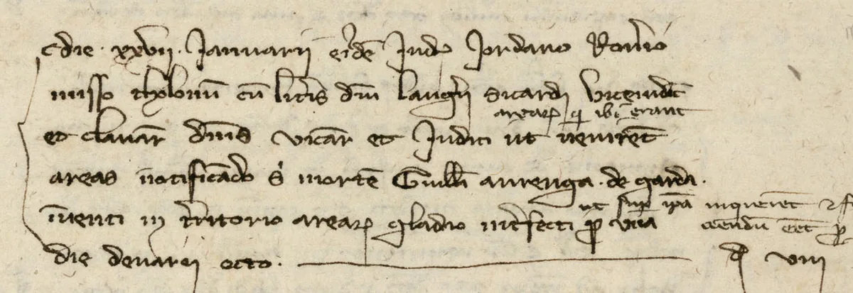 Six lignes d'une écriture cursive brune sur papier, encadrées à gauche par une accolade : l'article du 27 janvier qui paie le messager envoyé à Toulon annoncer la mort de Guillaume Aurenga.