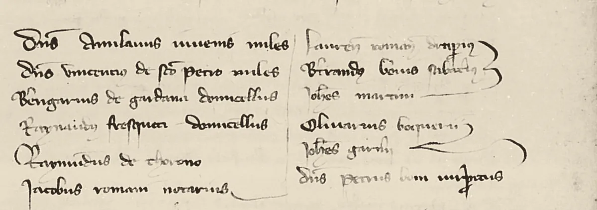 Liste des douze conseillers de Toulon convoqués le 12 mars 1323, écrite sur deux colonnes et réunie par des accolades