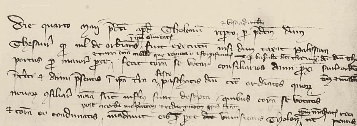 Compte rendu du 4 mai 1323 à Toulon, chargé de corrections et d'ajouts entre les lignes