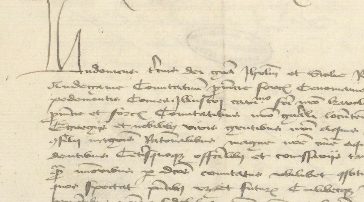 Grande initiale des lettres de Louis III d'Anjou, à la suite de la mention « Tenor dictarum literarum »