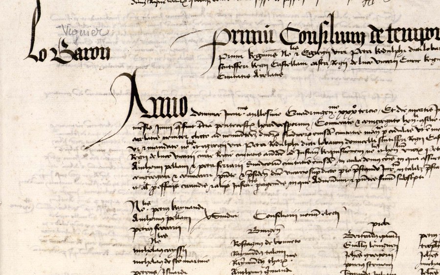 Registre du conseil d'Arles, 1433 : mention marginale « Lo Baron » en regard du premier conseil de l'année