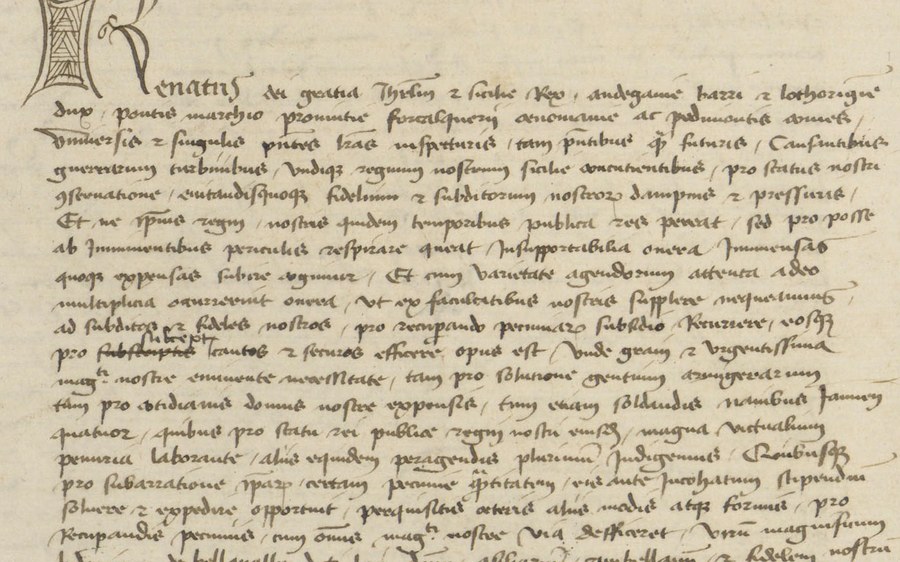 Lettre du roi René engageant le château d'Hyères à Louis de Beauvau, initiale ornée du registre B11