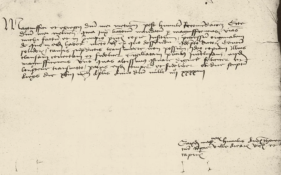 Lettre d'envoi du viguier d'Hyères aux maîtres rationaux, avril 1444, et sa souscription