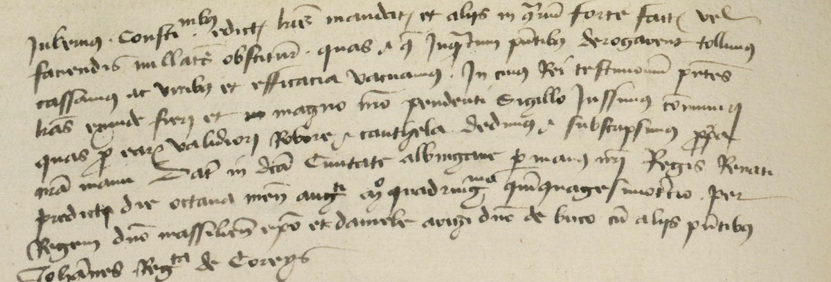 Fin de la lettre patente : « Dat[um] in dicta Ciuitate albinganen[si] […] die octaua mensis augusti anno quadringentesimo quinquagesimo tercio » et la souscription « Johannes Regis »