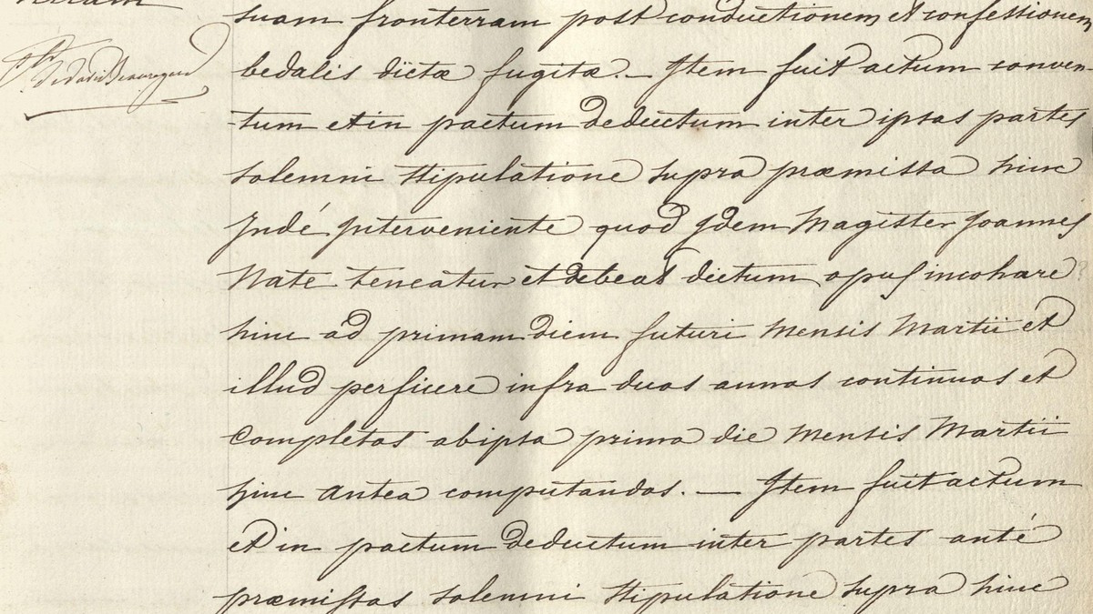 Détail manuscrit : « inchoare hinc ad primam diem futuri mensis martii » et « perficere infra duos annos continuos et completos » dans la Copie Latine