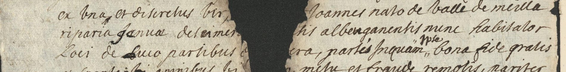 Détail manuscrit : « Joannes nato de valle de meilla riparia Januae deſcimer[iis] … albenganensis nunc habitator loci de luco »