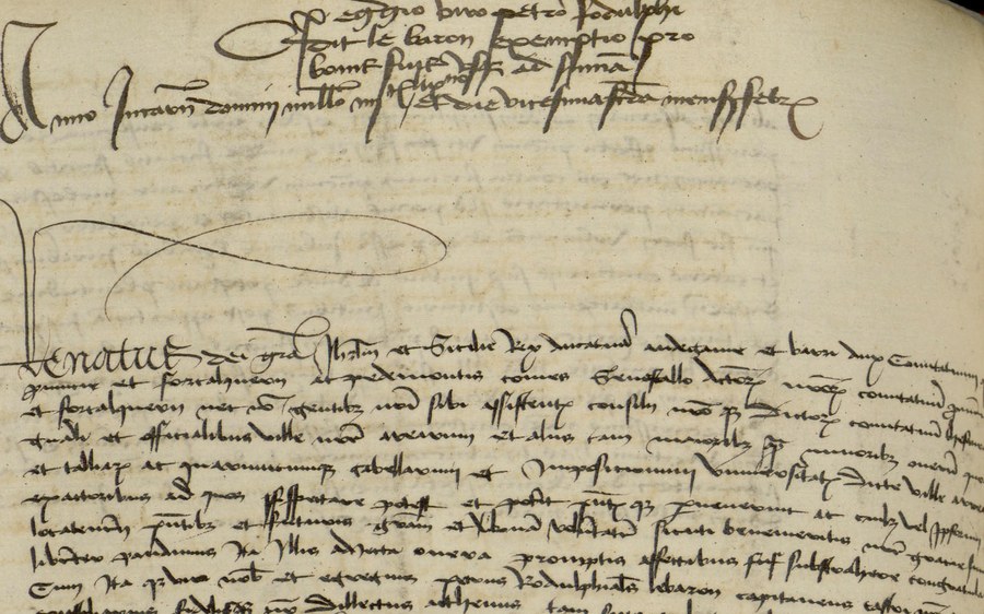 Registre B14 : rubrique « Pro egregio viro petro Rodulphi dicto le baron » et incipit des lettres d'exemption