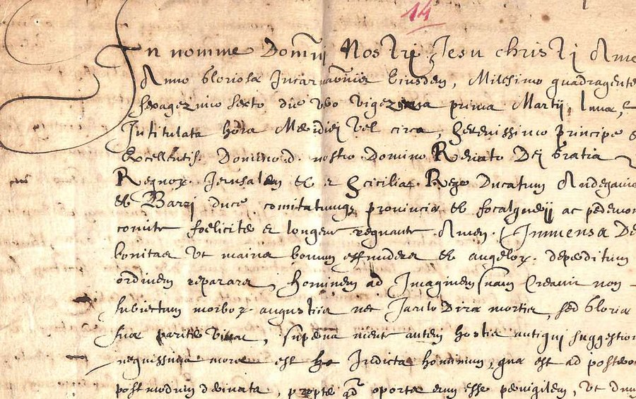 Première page du testament de Pierre Rodulphe : « In nomine Domini nostri Jesu Christi Amen »