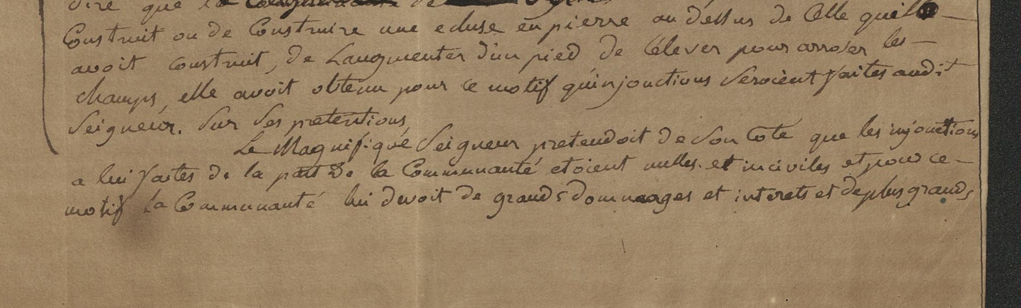 Détail manuscrit : extrait reprochant au Seigneur d'avoir surélevé l'écluse d'un pied