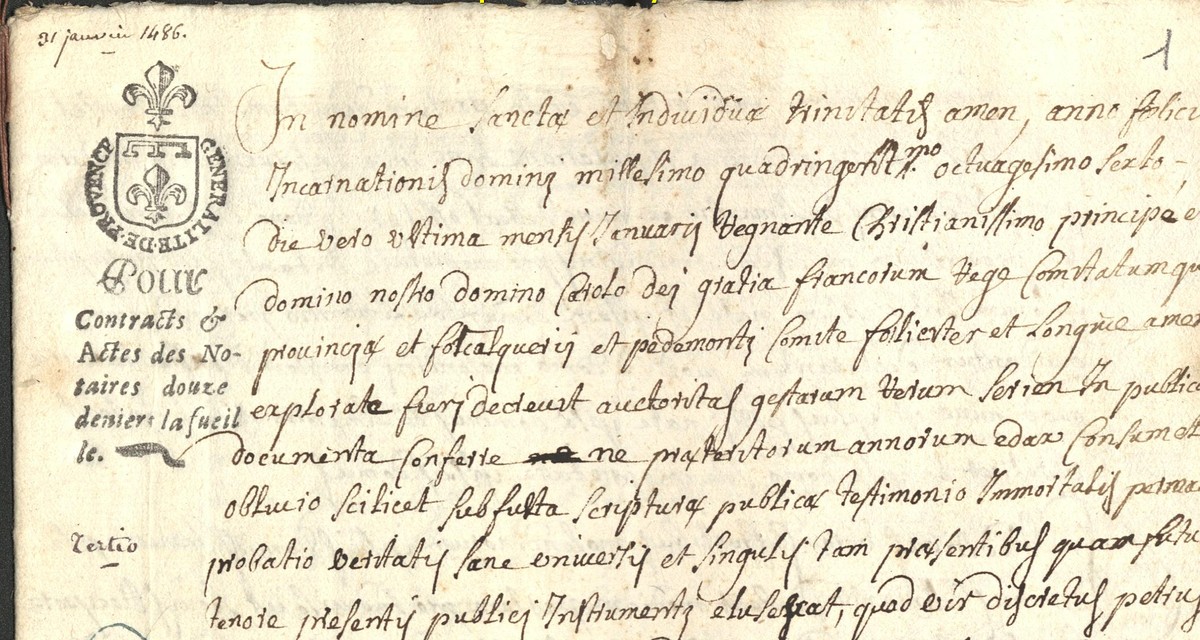 Incipit de l'acte de société du 31 janvier 1486 (ancien style)