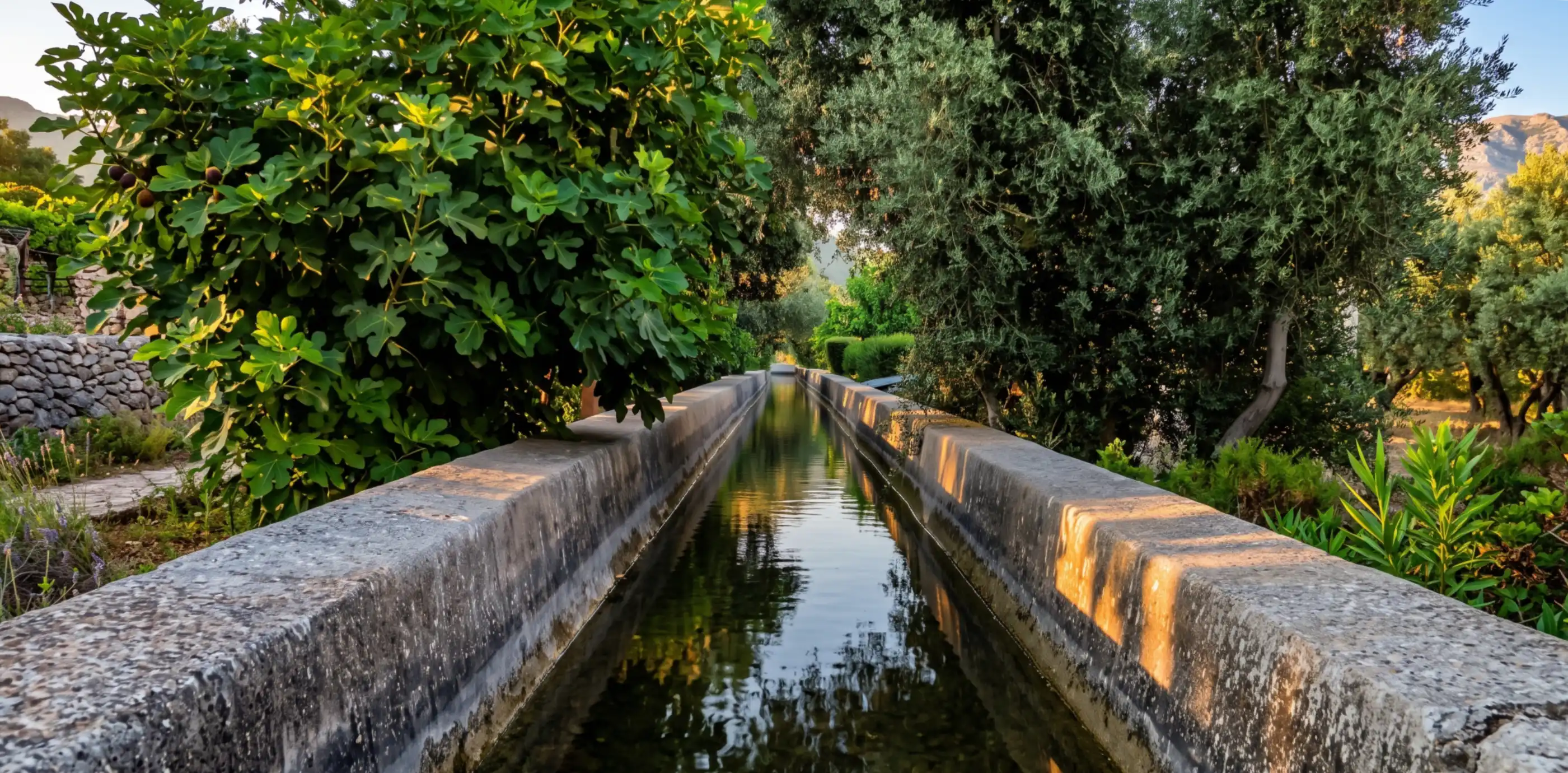 Un canal d'irrigation maçonné, en eau, filant entre figuiers et oliviers.