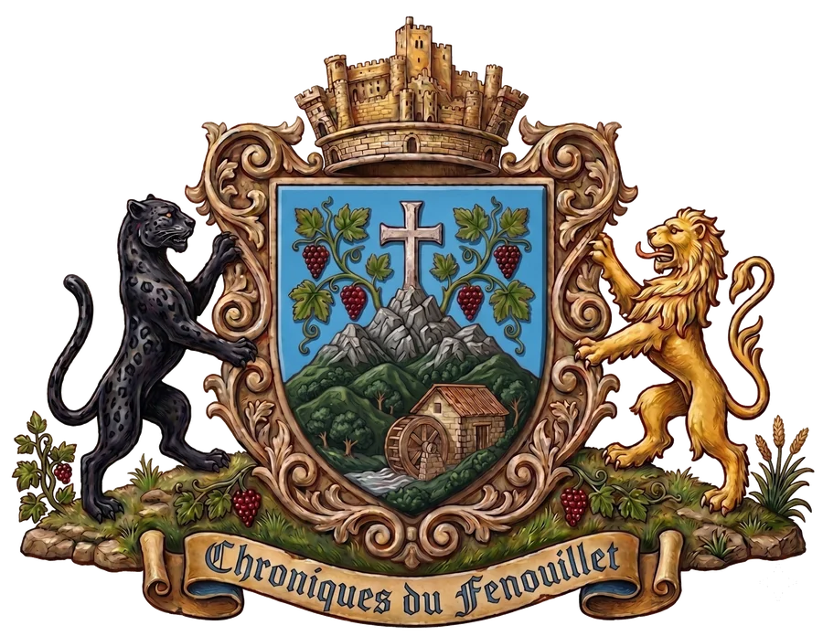 Blason des Chroniques du Fenouillet : panthère et lion tenant un écu au Fenouillet, à la croix et au moulin.