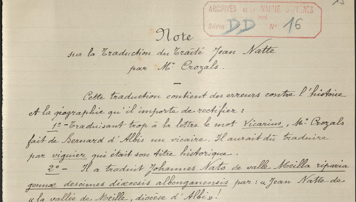 Note manuscrite d'archives : « Note sur la traduction du Traité Jean Natte par Mr Crozals — Cette traduction contient des erreurs contre l'histoire et la géographie qu'il importe de rectifier »