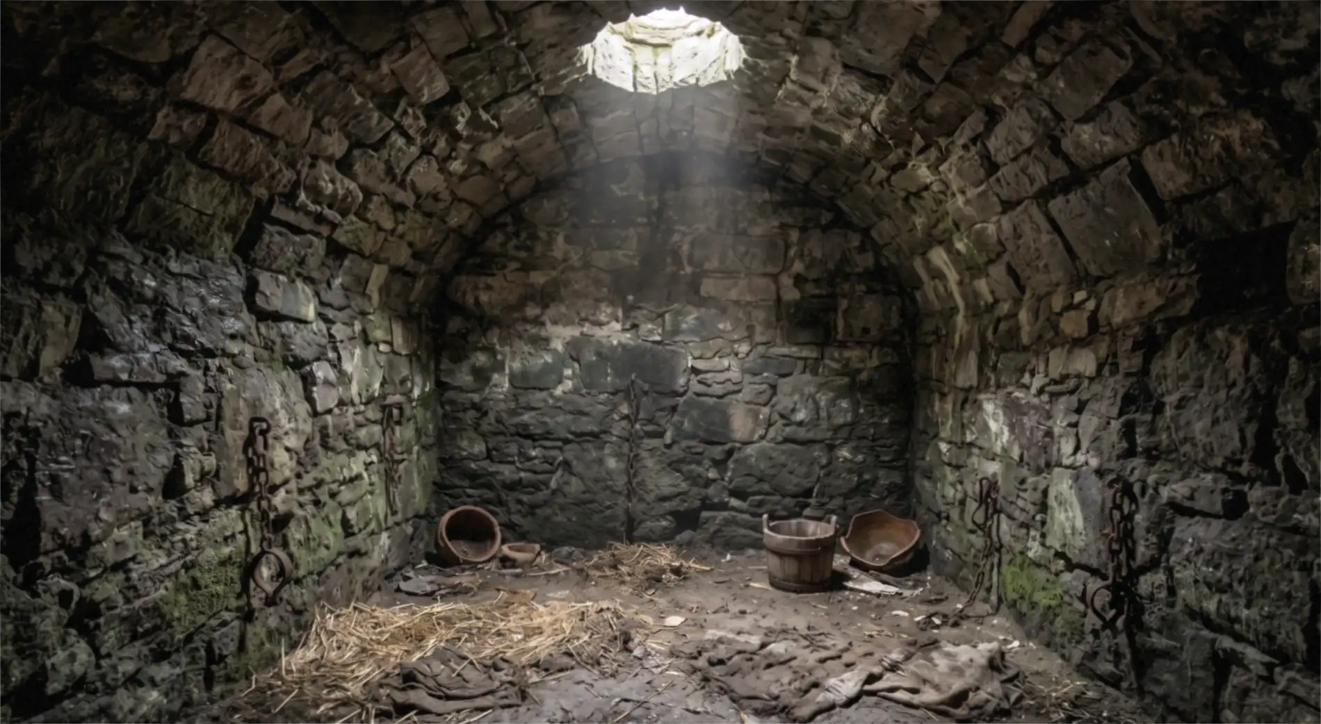 Un cachot voûté en pierres moussues, éclairé par un seul trou rond percé dans la voûte. Des chaînes rouillées pendent aux murs. Au sol, de la paille, des haillons, un seau de bois et des écuelles de terre.